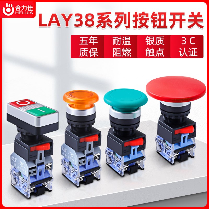 LAY38按钮开关按压式22MM蘑菇头自复位自锁启动停止双位按键带灯