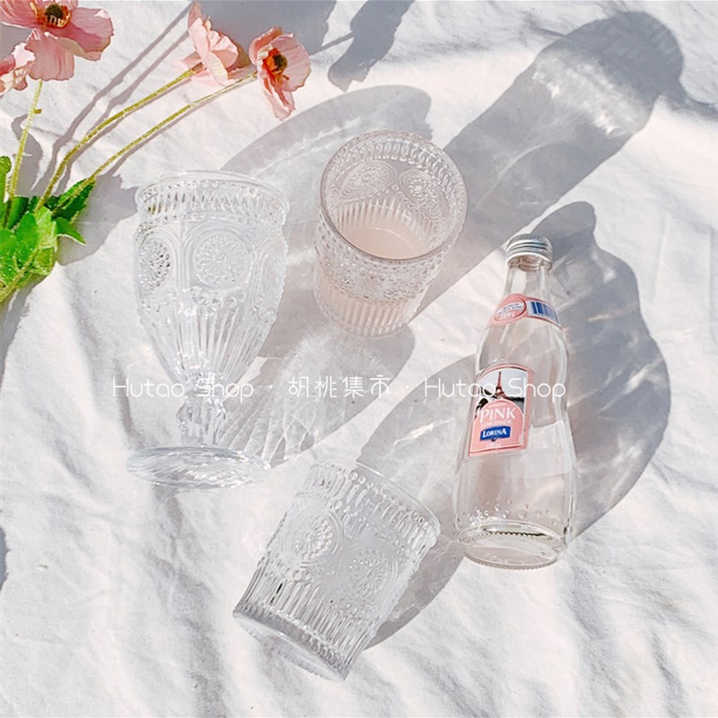 胡桃集市 法式复古浮雕透明玻璃杯北欧ins风牛奶早餐杯果汁杯chic