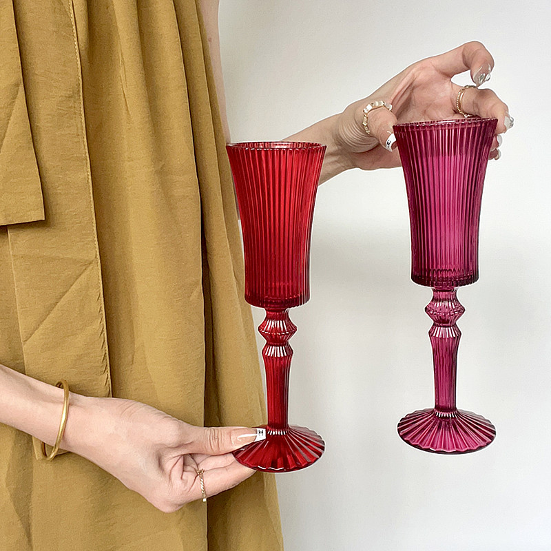 复古洋红香槟杯高颜值法式中古高脚杯玻璃酒杯ins红酒杯新婚礼物