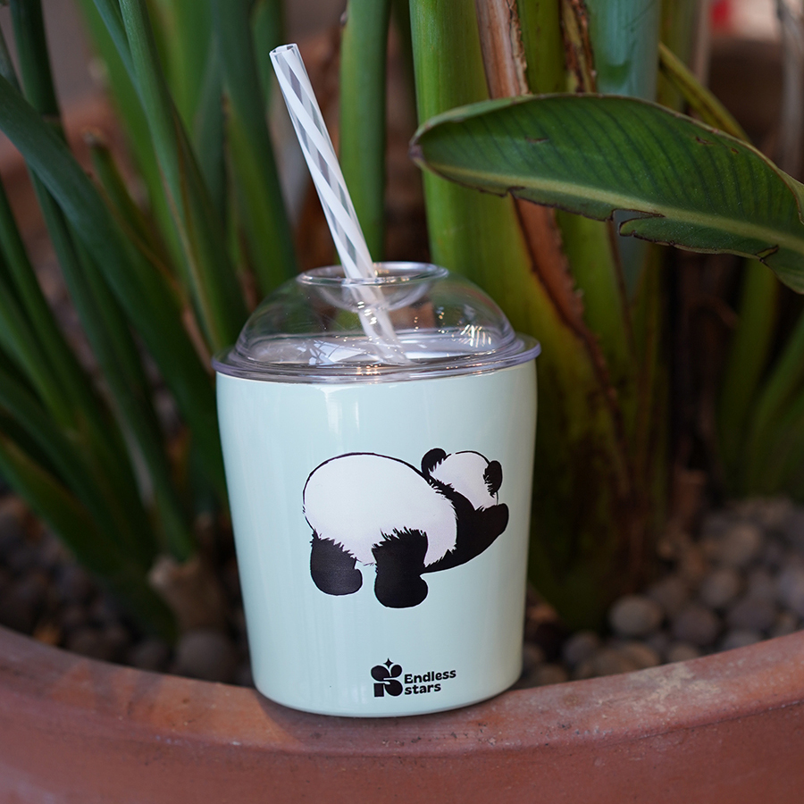 ENDLESS STARS熊猫花花杯子可爱304不锈钢咖啡杯吸管杯随手杯保温