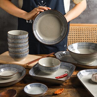 舍里蓝雨日式餐具复古陶瓷饭碗菜盘子家用大号汤碗汤盆长方形鱼盘