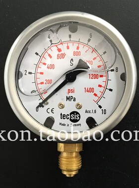 EN837-1S注液耐震压力表TECSIS泰科思油压表0-10MPAI螺纹G1/4牙