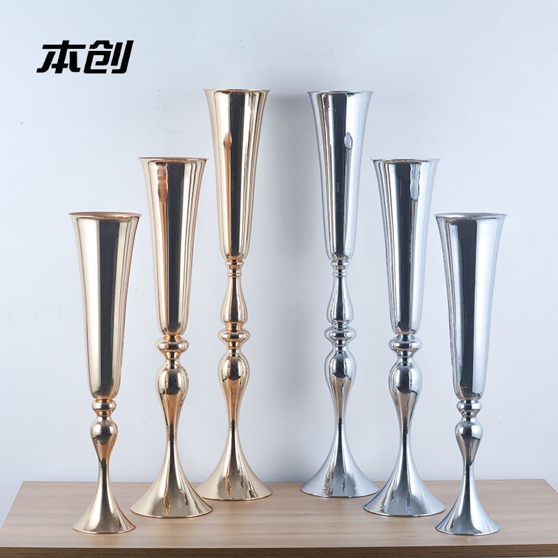 婚礼用品铁艺金色花架路引花器婚庆布置喇叭M花瓶餐桌装饰花盆摆