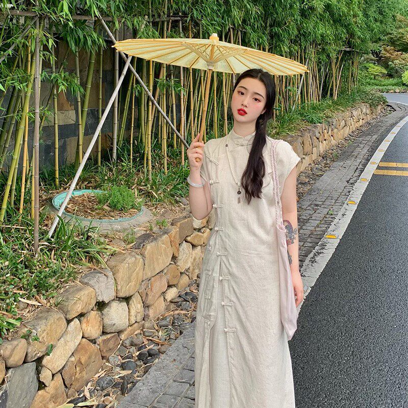 麓津自制《清凉境》亚麻系列新中式旗袍吊带连衣裙子复古纯色夏季