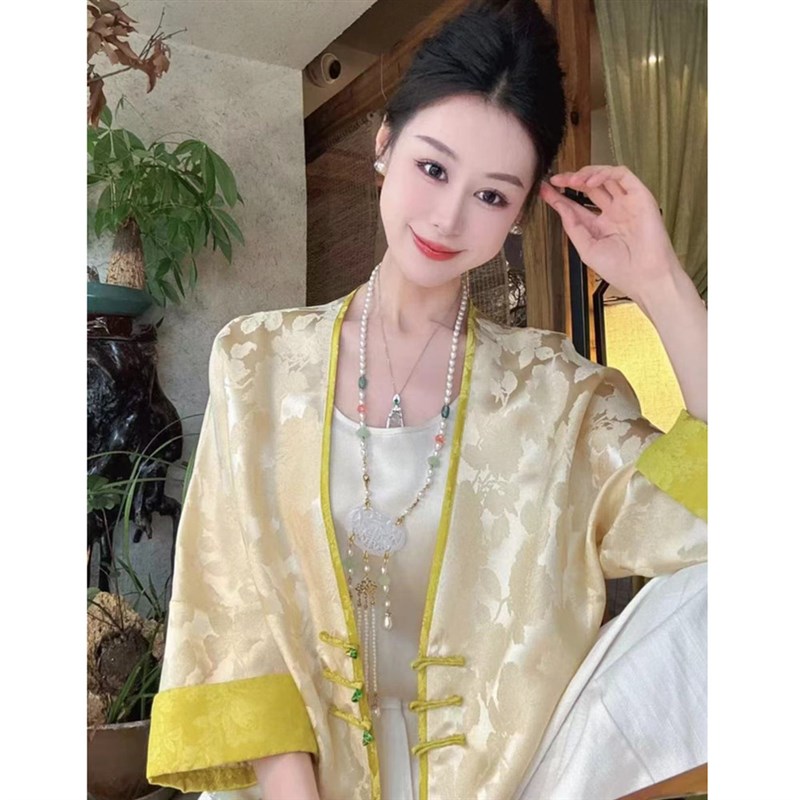 新中式国风花萝提花真丝开衫上衣女茶服2025春秋新款禅意唐装外套