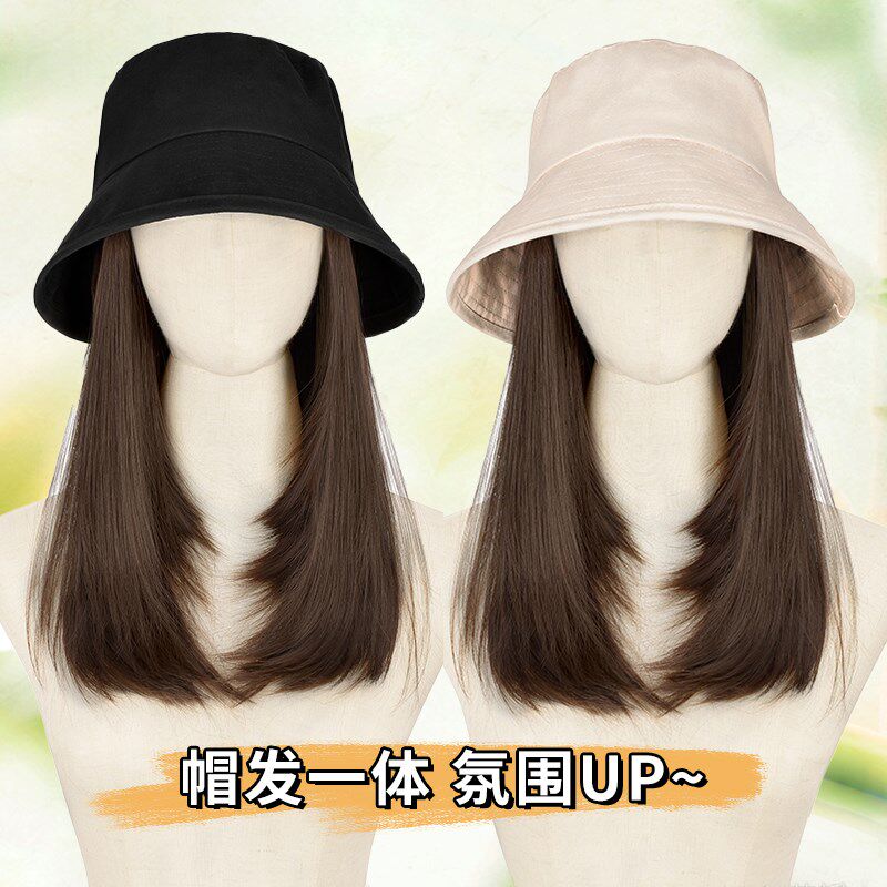 帽发一体女假发帽子修颜锁骨发时尚新款防晒渔夫帽层次短发全头套