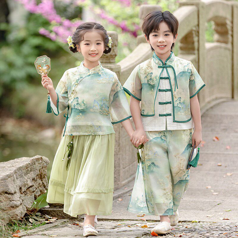 小学生唐装国学服夏季男女宝宝中国风表演服古诗朗诵六一演出服装