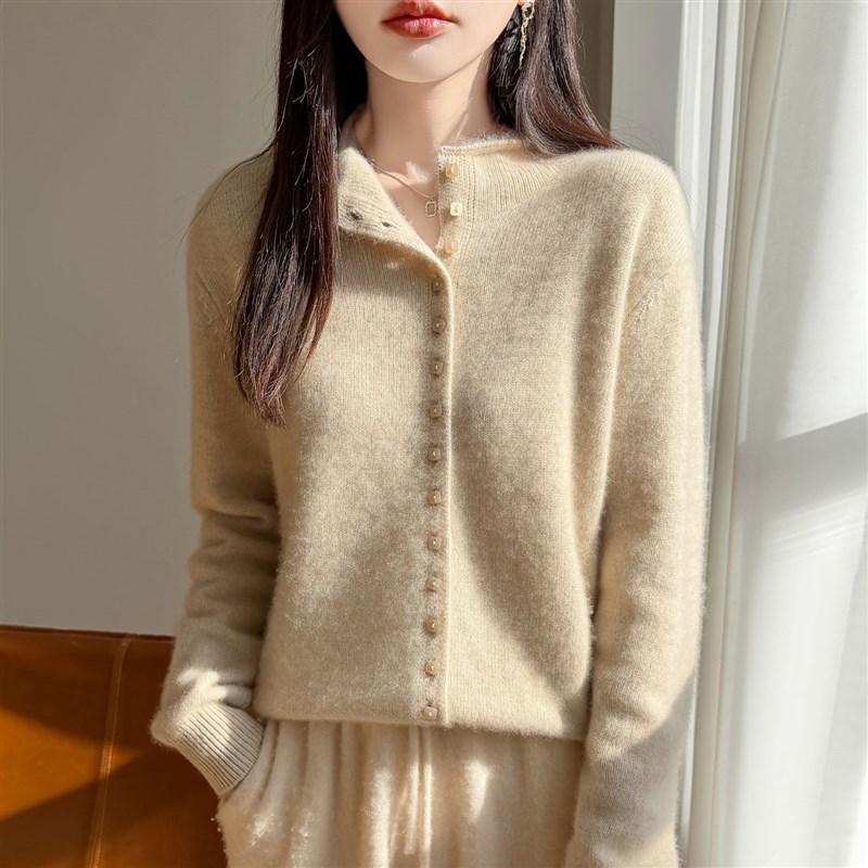 卷边半高领100%纯羊毛开衫女纽扣针织长袖毛衣宽松百搭羊绒衫外套