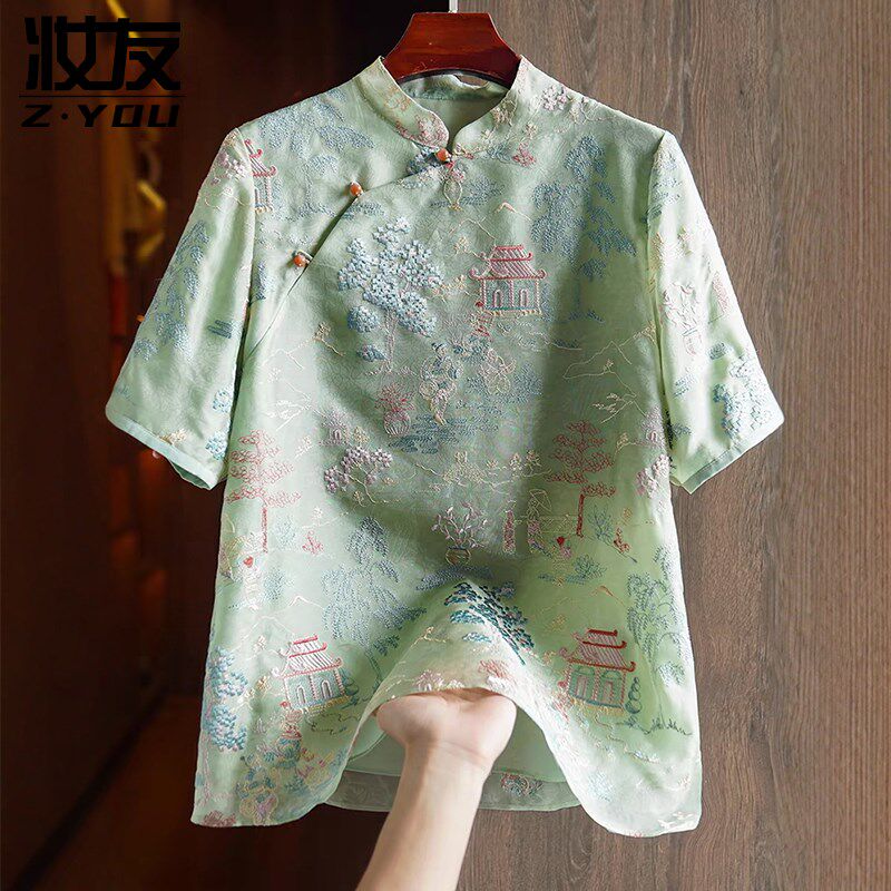 新中式唐装女装中国风年轻款2025新款改良旗袍小衫刺绣短袖上衣女