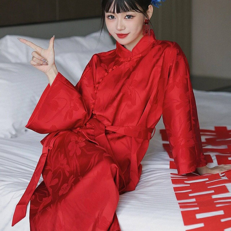 晨拍礼服晨袍女新娘新中式套装旗袍唐装两件套红色国风敬酒服秋冬