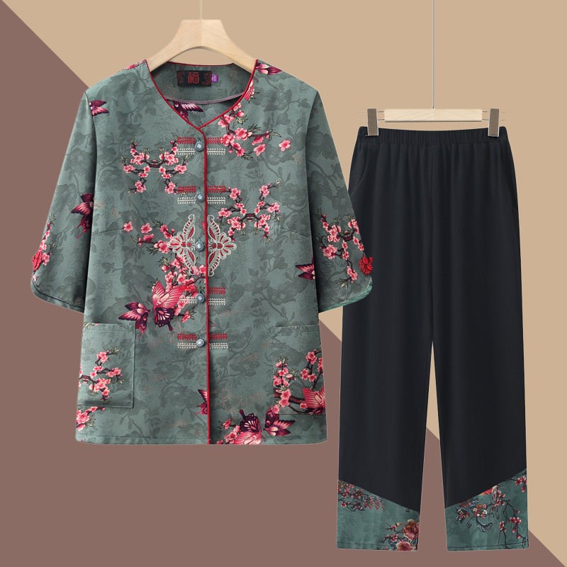 中老年人夏装奶奶中国风短袖套装妈妈夏季大码女装唐装衬衣两件套