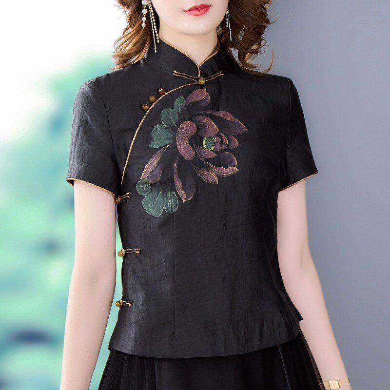 中国风国风龟裂纹旗袍女2023新款夏季妈妈短款中式复古唐装上衣