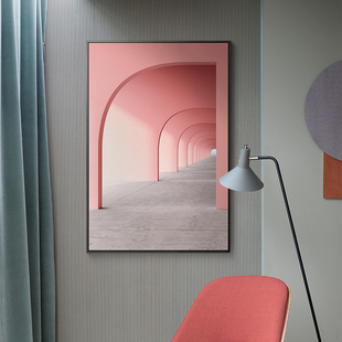 粉色长廊 现代建筑装饰画简约摄影壁画客厅玄关过道W走廊挂画竖版