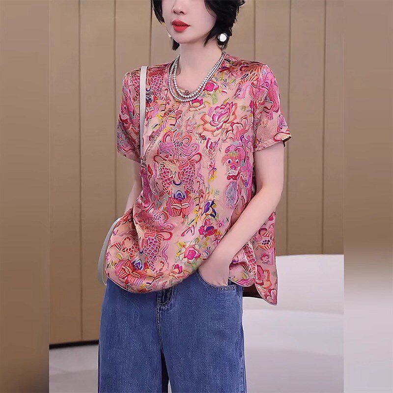 新中式国风唐装年轻款香云纱提花短袖T恤女夏季百搭圆领薄款上衣