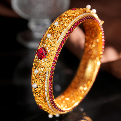 黄金色手镯国风花丝镶嵌S925银