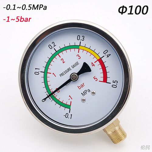 -0.1~0.5MPa压力真空表YN100mm表盘-1~5bar负压表PT3/8真空气压表