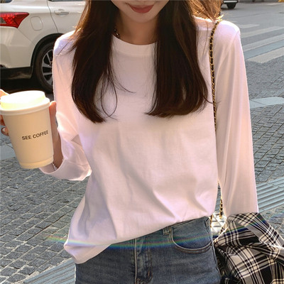 正肩长袖T恤女纯白色打底