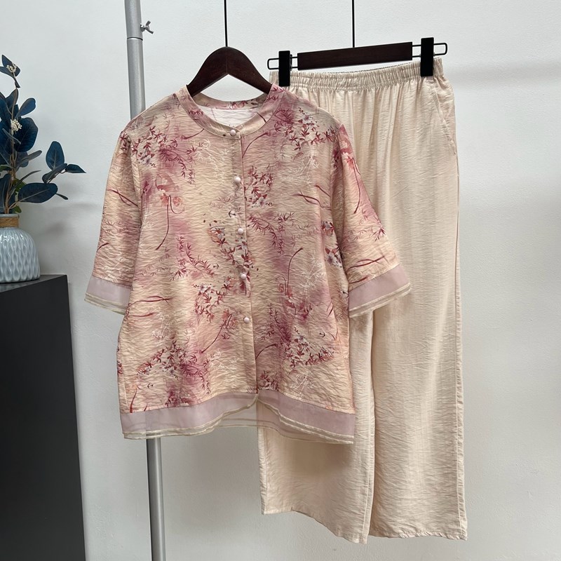 2025夏季新品薄款妈妈时尚套装棉麻开衫短袖中老年两件套女装衣服