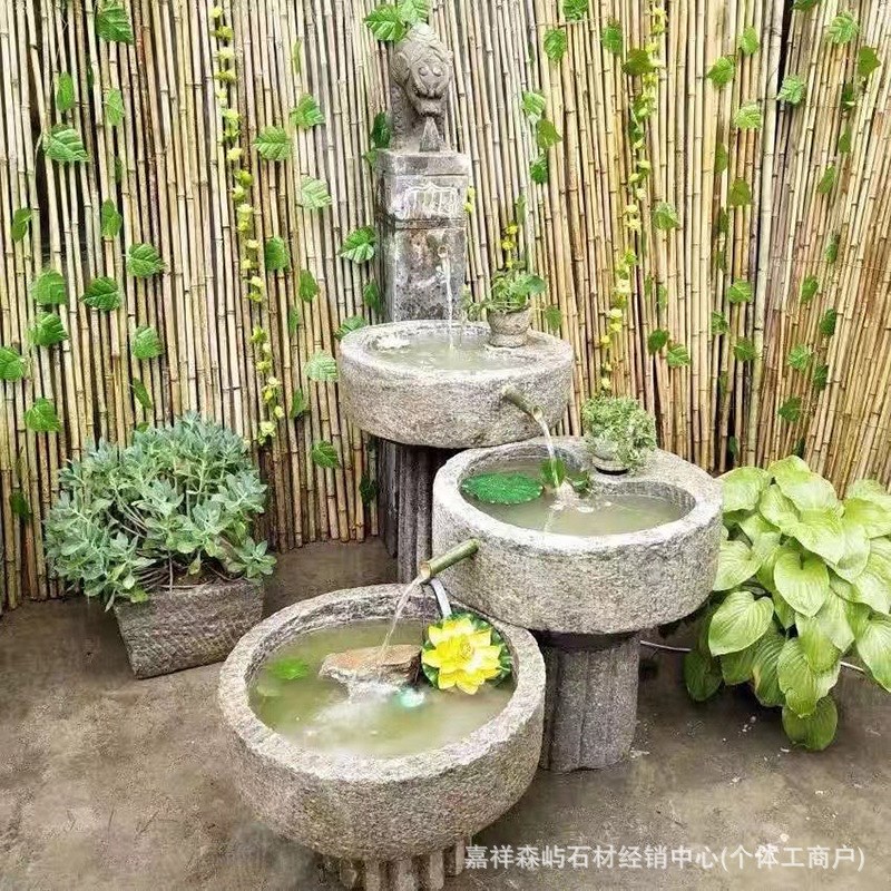 仿古中式c石雕摆件室外造景假山喷泉装饰庭院老石槽循环流水摆件