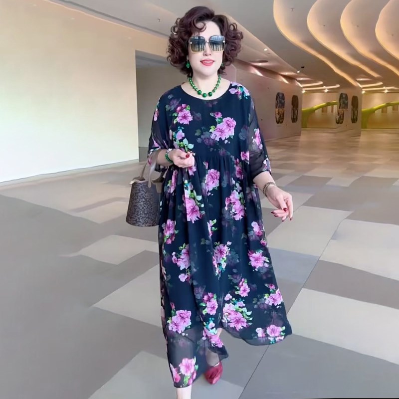 欧货夏季妈妈装乔其纱连衣裙时尚气质宽松遮肉大码减龄长款碎花裙
