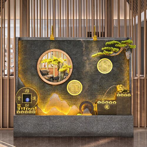 新款水幕墙假山流水屏风庭院w办公室前台花园鱼池瀑布景观落地摆