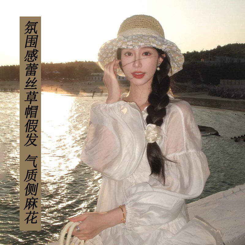 假发帽子女夏季小清新侧麻花辫短直长发海边度假百搭碎花蕾丝草帽