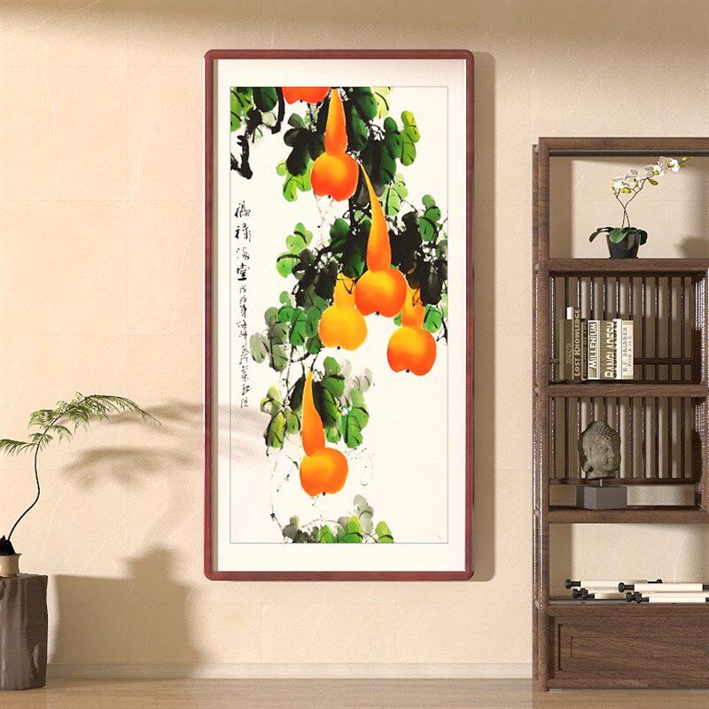 纯手绘五b福临门葫芦挂画新中式玄关走廊过道壁画国画花鸟画装饰