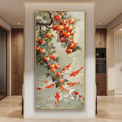 新中式多子多福石榴玄关装饰画流B水生财走廊挂画九鱼图入户壁画