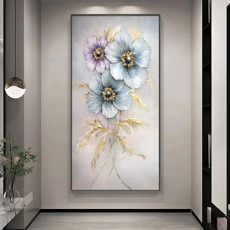 蓝色银莲花手绘油画玄关画装饰画现代简约金叶大芬村走廊过道挂画