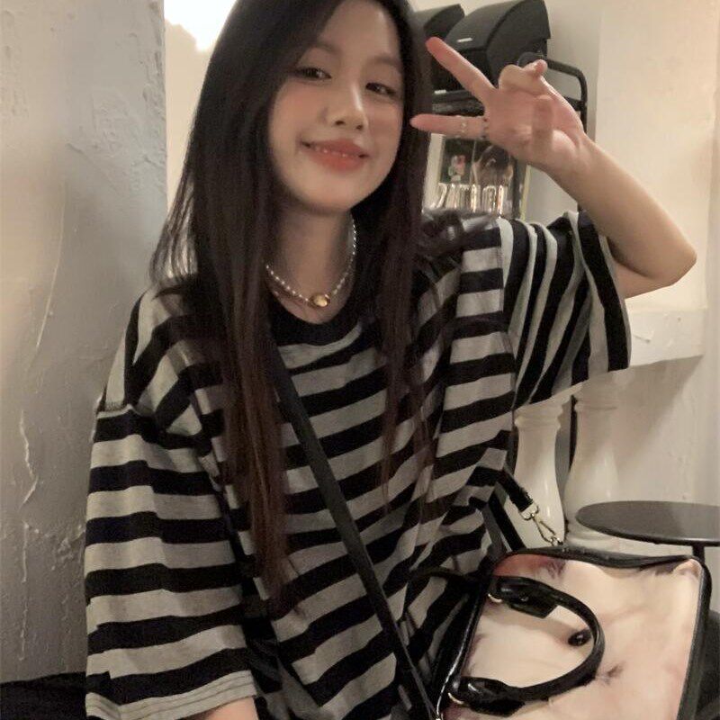 撞色条纹纯棉t恤女夏季2024新款韩版宽松休闲慵懒风显瘦短袖上衣