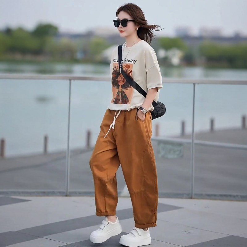 时尚两件套装女2025年夏季新款小女孩印花圆领短袖水洗棉哈伦裤潮