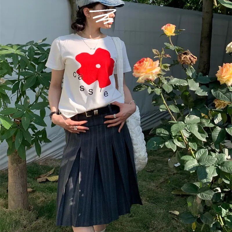 大码复古条纹高腰百褶半身裙女2025春夏新款学院风A字显瘦西装裙
