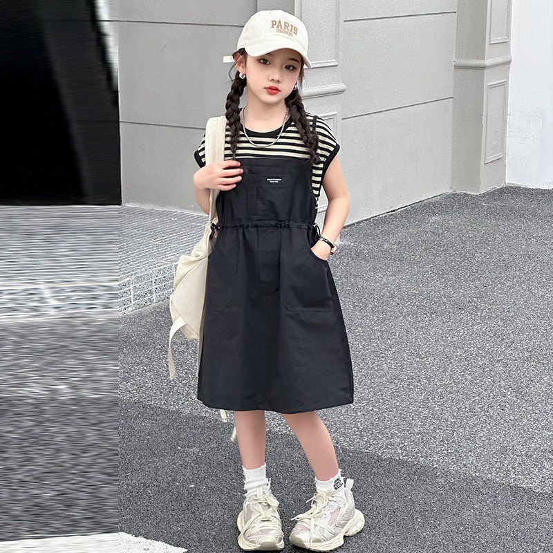 女大童夏装连衣裙2024新款初中生短袖假两件背带裙中学生夏季裙子