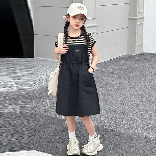 女大童夏装连衣裙2024新款初中生短袖假两件背带裙中学生夏季裙子