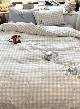 月光巴士英伦熊仔卡通刺绣床上用品四F件套A类双层纱床单蓝色3件