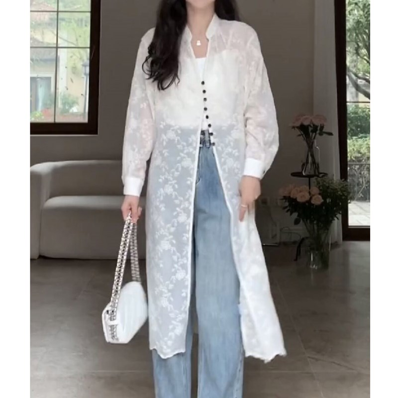 九九郭设计感镂空小立领长款蕾丝开衫女春夏法式高级感别致连衣裙