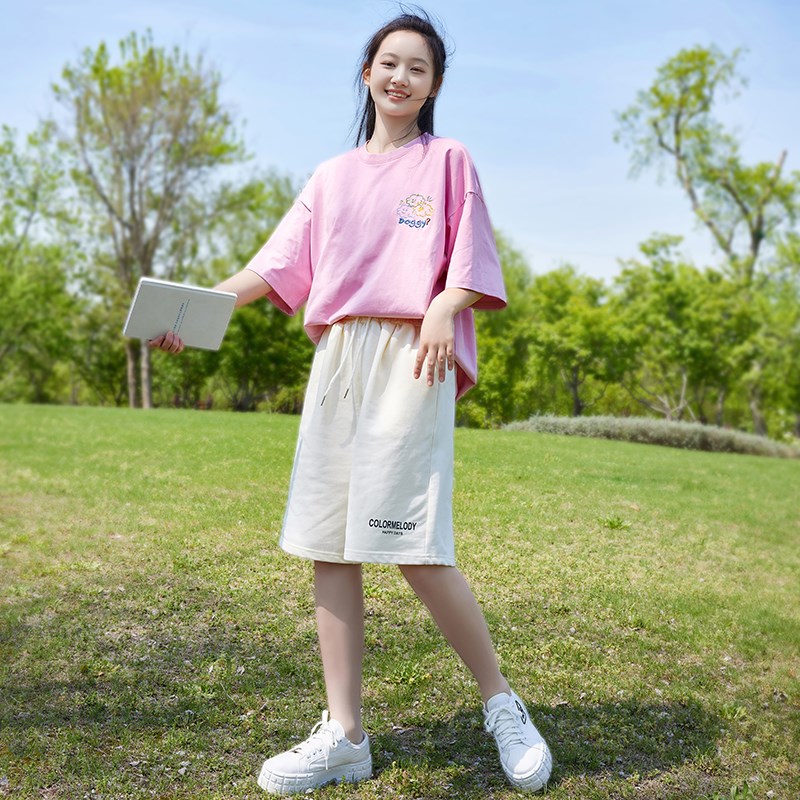初中女生t恤套装女孩短袖纯棉运动装全棉绣花宽松休闲短裤两件套