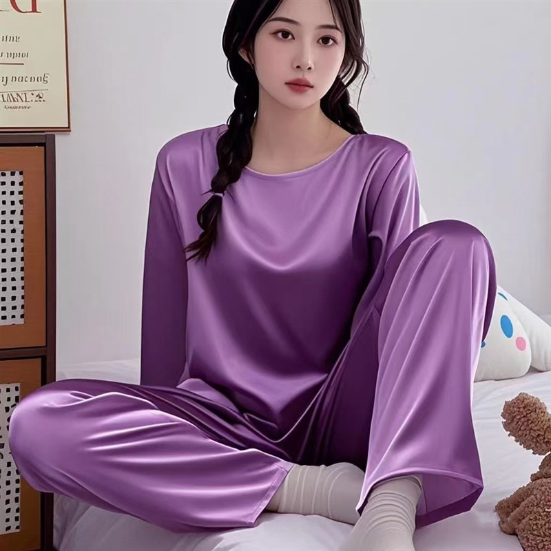 纯色大码夏季冰丝睡衣女胖mm长袖圆领套装简约清新春秋休闲家居服