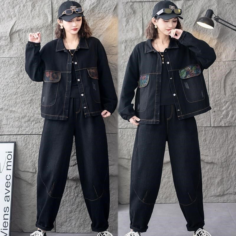 妈妈装春装牛仔套装时尚开衫大码宽松中老年女装洋气哈伦裤两件套
