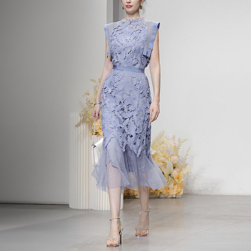 夏季女装2025新款气质两件套灰蓝色蕾丝上衣纱裙长裙裙子套装