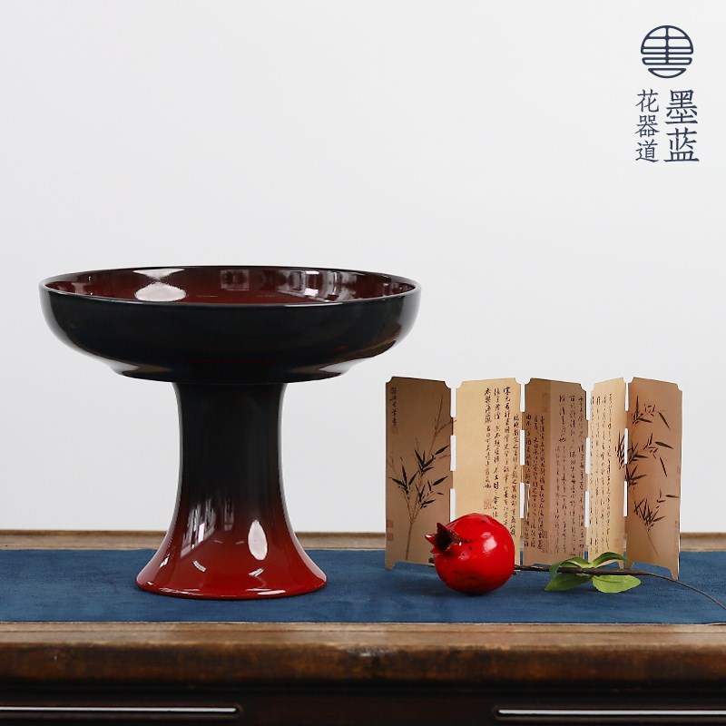 陶瓷窑变红釉里红插花高脚碗大号果盘精致茶点盘桌面茶室干果碟