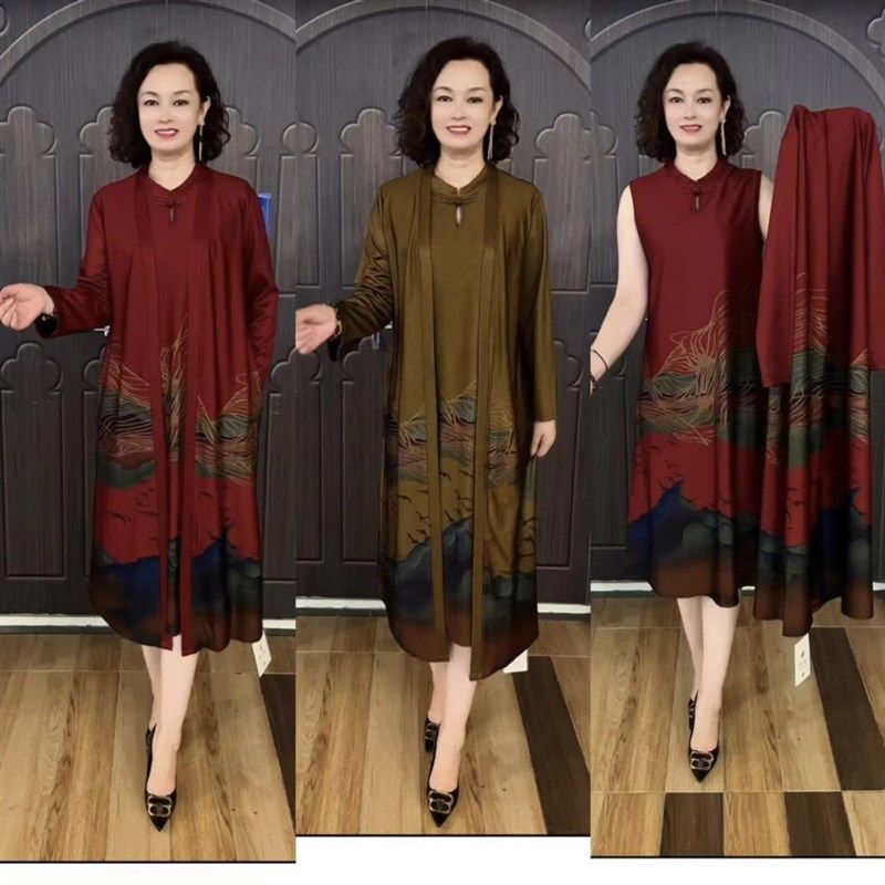 高档时尚秋季中老年妈妈洋气减龄改良旗袍裙长袖风衣大码两件套装