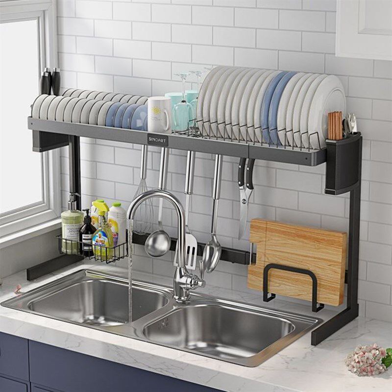 特厚太空铝厨房水槽置物架碗架水池上方沥水可伸缩碗碟筷收纳架子