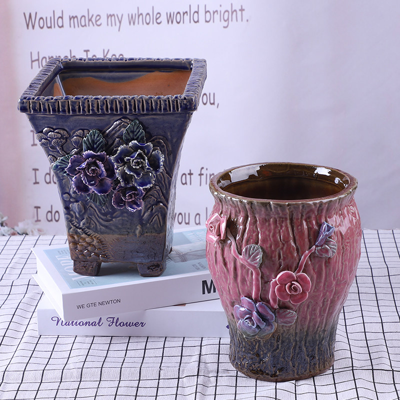 爆裂捏花花盆哥窑开片大口径高款法师花器室内摆件绿植盆透气