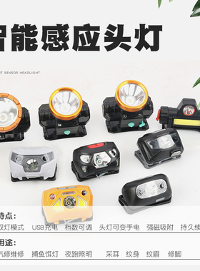LED户外夜钓鱼灯感应头灯充电矿灯夜跑手电筒汽修工作照明应急灯