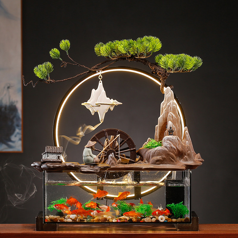 中式鱼缸流水摆件循环水景假山喷泉风水轮水车养鱼玻璃缸造景全套
