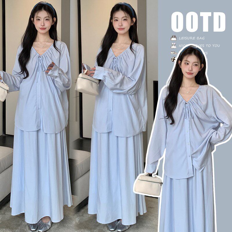 孕妇套装2025早春季新款慵懒风时尚韩版纯棉上衣+半身裙两件套