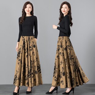 春秋2025新款民族风印花半身裙大摆显瘦跳舞长裙高腰大码A字女裙