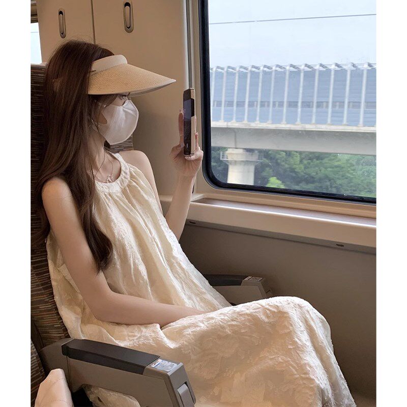 孕妇装夏季米白吊带挂脖无袖连衣裙显瘦中长款仙女裙子+短款开衫