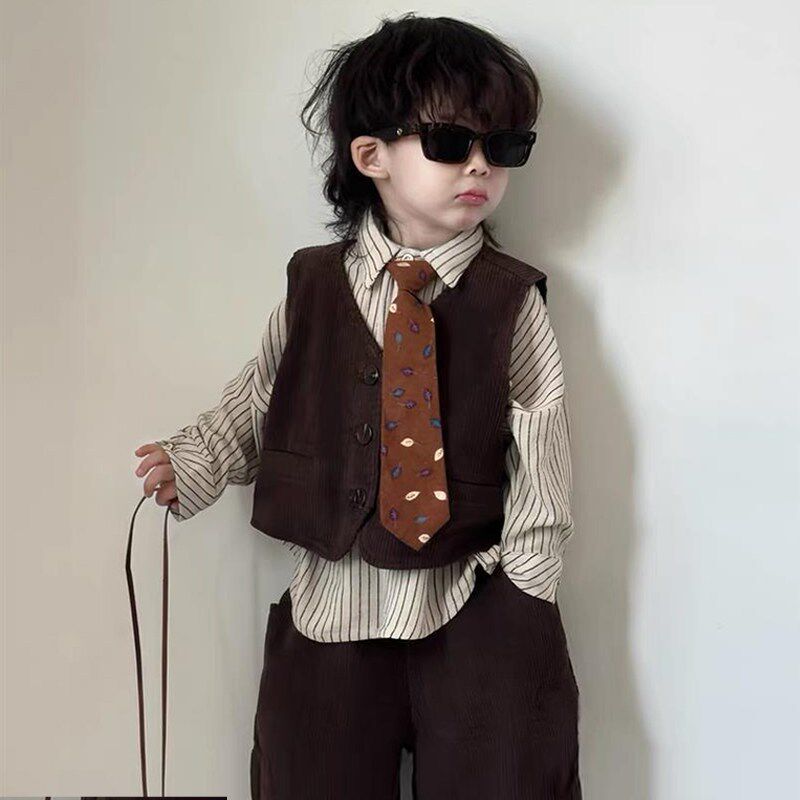 儿童西装洋气马甲套装2025春装新款男童英伦礼服条纹衬衫三件套潮